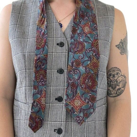 Vintage 1990s Valentino Navy Red 100% Silk Geometric Abstract Floral Preppy Tie - Picture 3 of 4